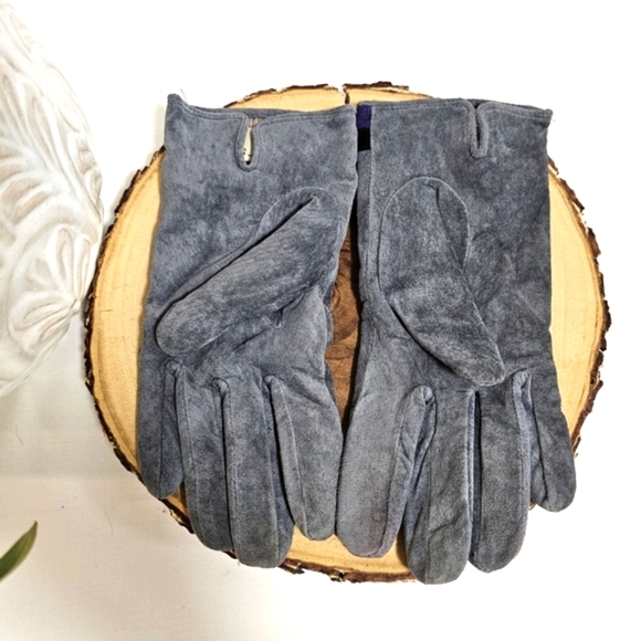 Dents Vintage Gray Suede Wool Lined Gloves Size L – Purple & Black Trim - Picture 3 of 4